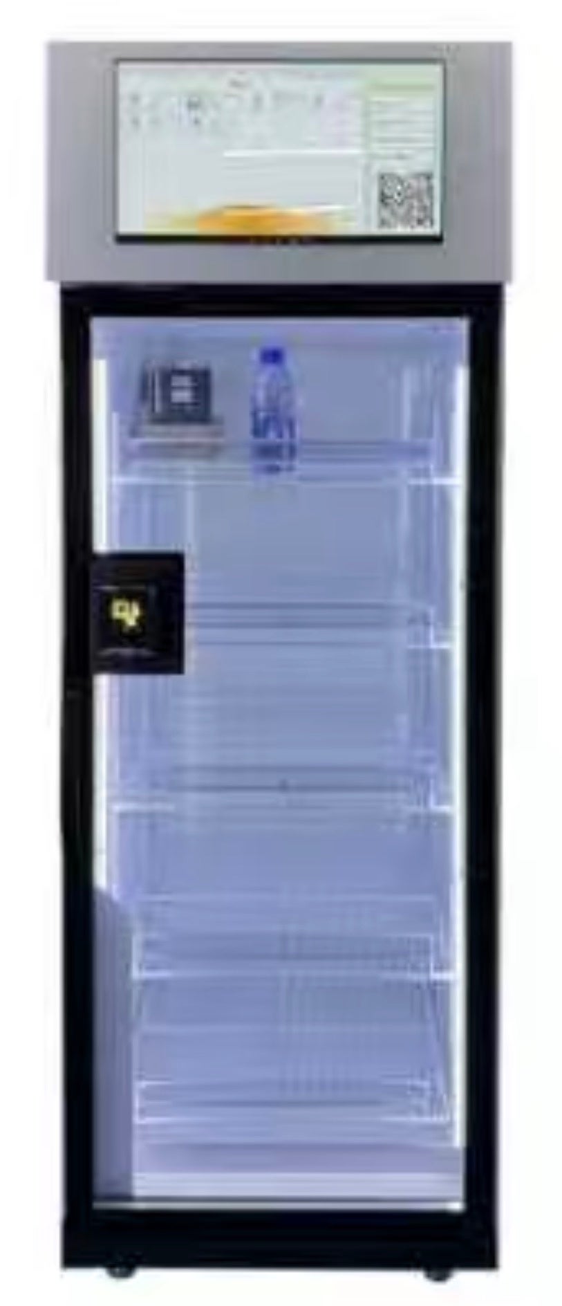 AI Vend Fridge - Smart refrigerated AI vending machine with 21.5" touch screen, dual 1080P AI algorithm cameras, 4–20°C cooling system, and electric door defogging.