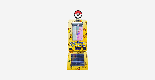 Standing Pokémon TCG Machine with Display Stand - Standalone Pokémon trading card vending tower with integrated showcase stand to display hit cards and booster boxes to attract collectors.